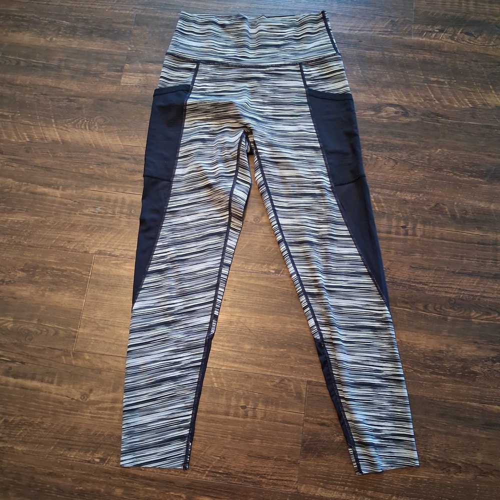 Aerie Leggings Women L Black Gray Chill Play Move Striped Mesh Pocket Athletic